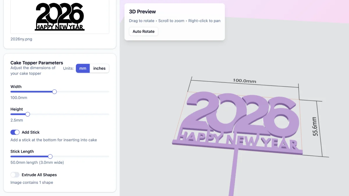 GenShapr cake topper dimension settings