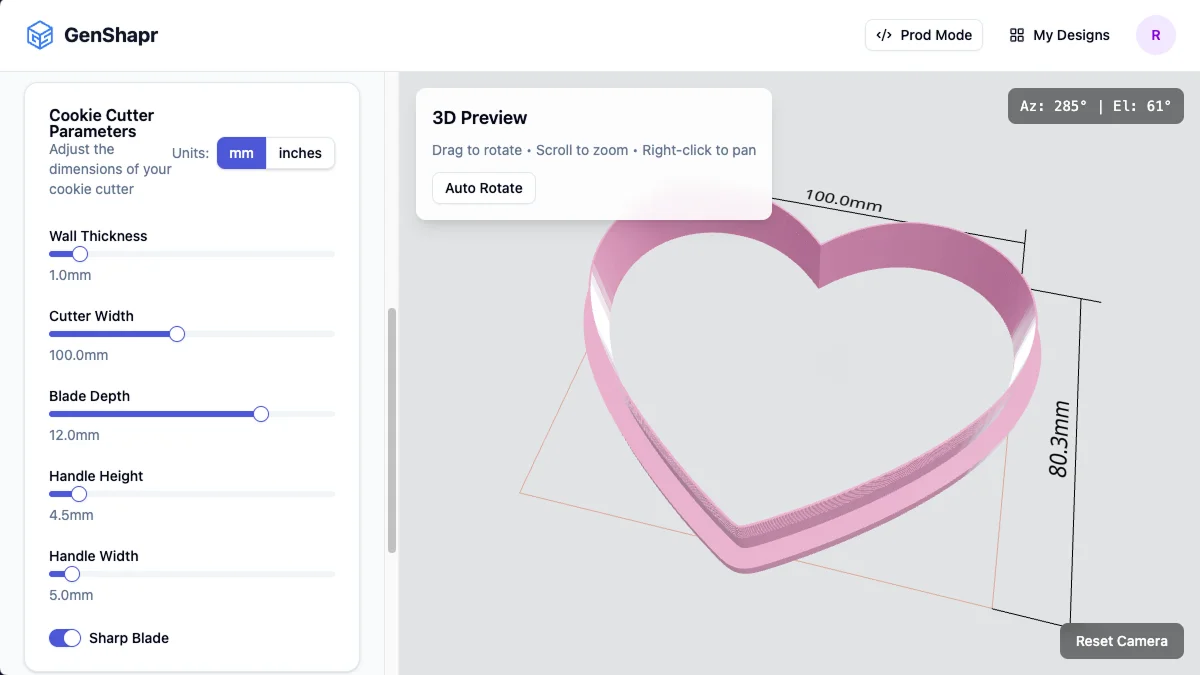 GenShapr cookie cutter dimension settings